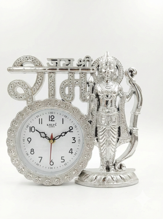 Shri Ram Ji Decorative Table Clock | Silver Finish Ram Idol with Bow Gift for Diwali, Housewarming & Office Desk