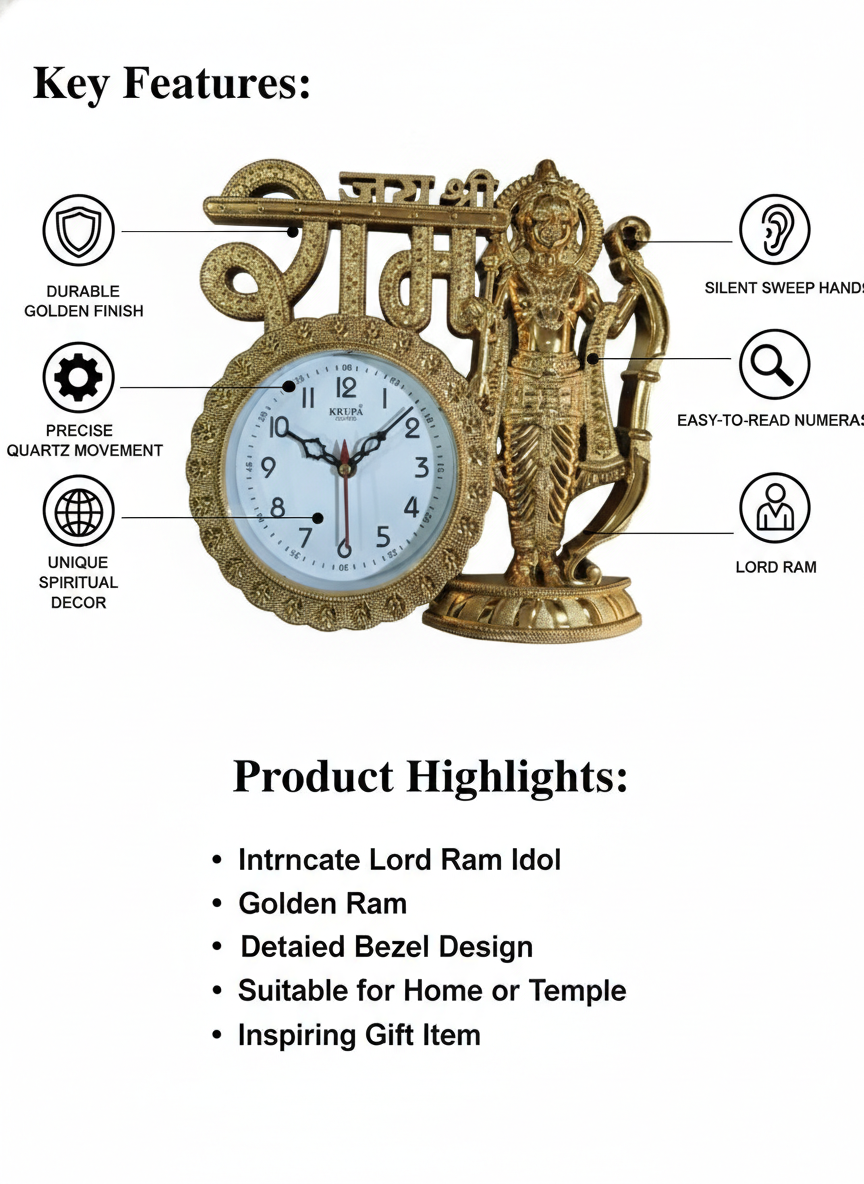 Shri Ram Ji Decorative Table Clock | Silver Finish Ram Idol with Bow | Premium Quartz Desk Clock