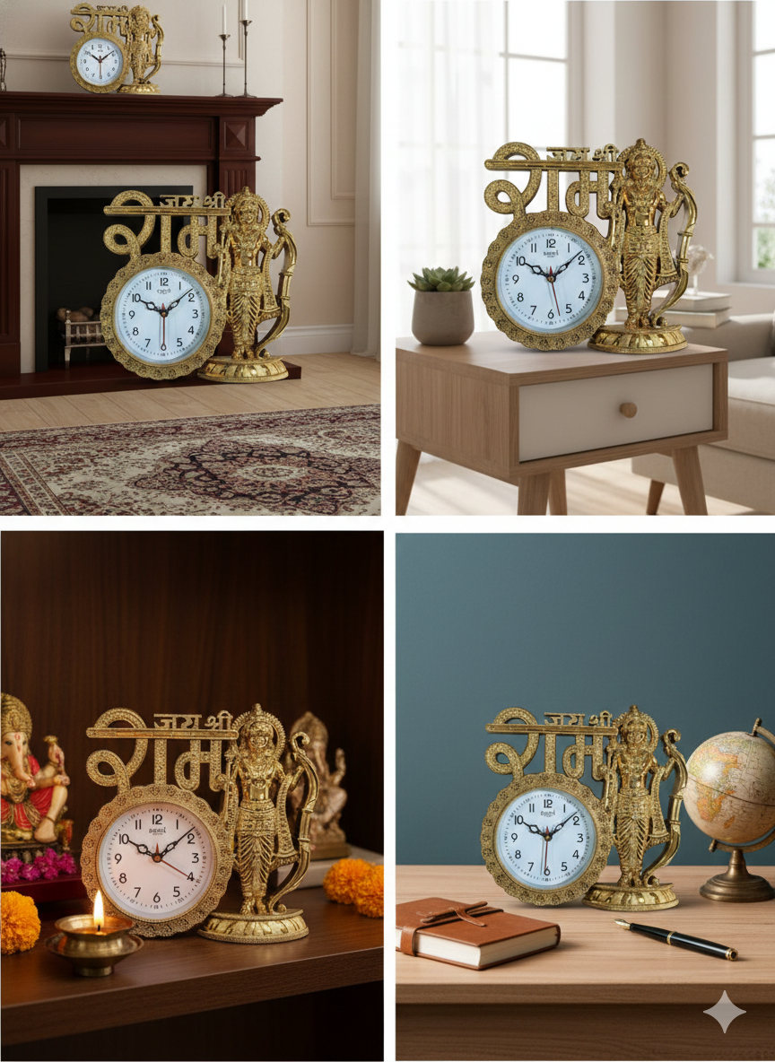 Shri Ram Ji Decorative Table Clock | Silver Finish Ram Idol with Bow | Premium Quartz Desk Clock