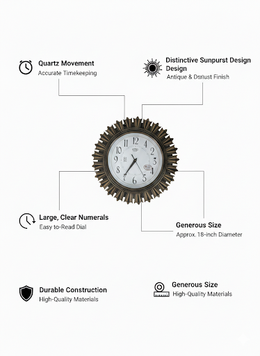 Luxury Sunburst Wall Clock 18 Inch with Large Numerals | Silent Quartz Movement