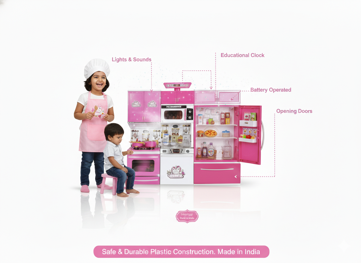 Kids Kitchen Set Toy for Girls & Boys | Pink Pretend Play Cooking Set with Lights & Sounds
