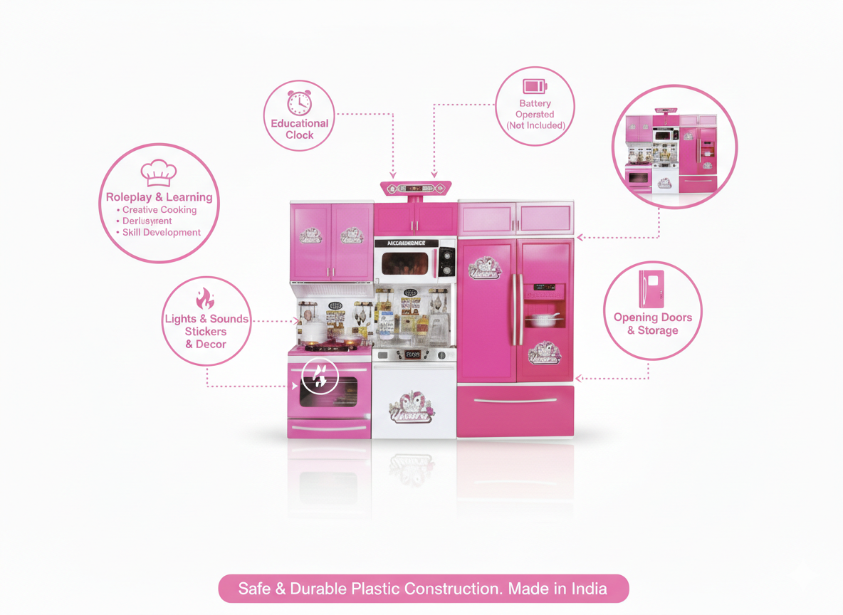Kids Kitchen Set Toy for Girls & Boys | Pink Pretend Play Cooking Set with Lights & Sounds
