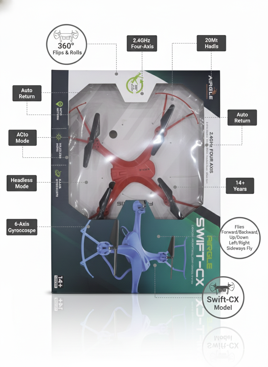 बच्चों और शुरुआती लोगों के लिए एयरगल स्विफ्ट-सीएक्स ड्रोन | 360° फ्लिप, हेडलेस मोड के साथ 2.4GHz 4-एक्सिस RC क्वाडकॉप्टर