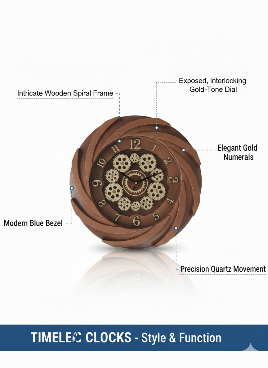 Designer Spiral Gear Wall Clock 12 Inch – Silent Quartz Movement, Wooden Finish Decorative Clock with Gold Numerals & Exposed Gear Dial for Living Room Décor