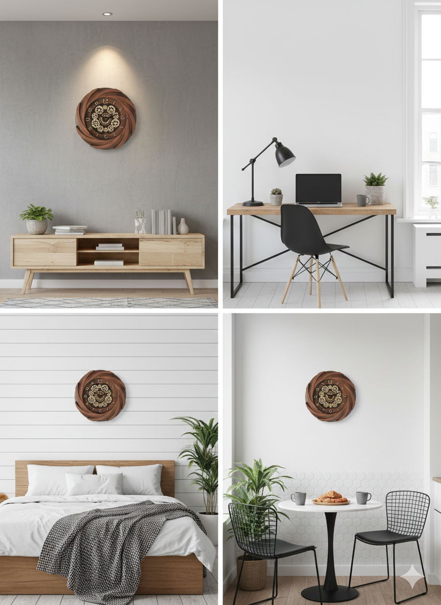 Designer Spiral Gear Wall Clock 12 Inch – Silent Quartz Movement, Wooden Finish Decorative Clock with Gold Numerals & Exposed Gear Dial for Living Room Décor