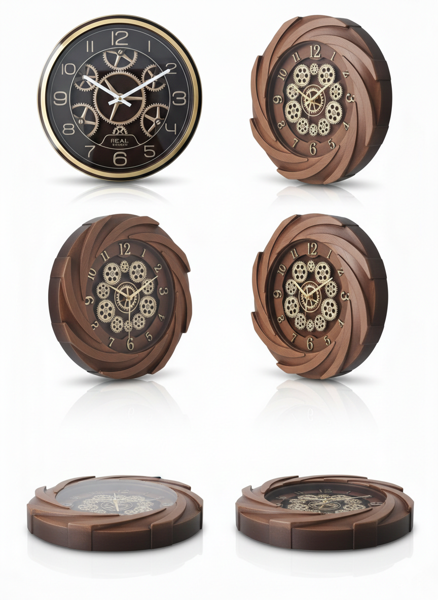 Designer Spiral Gear Wall Clock 12 Inch – Silent Quartz Movement, Wooden Finish Decorative Clock with Gold Numerals & Exposed Gear Dial for Living Room Décor