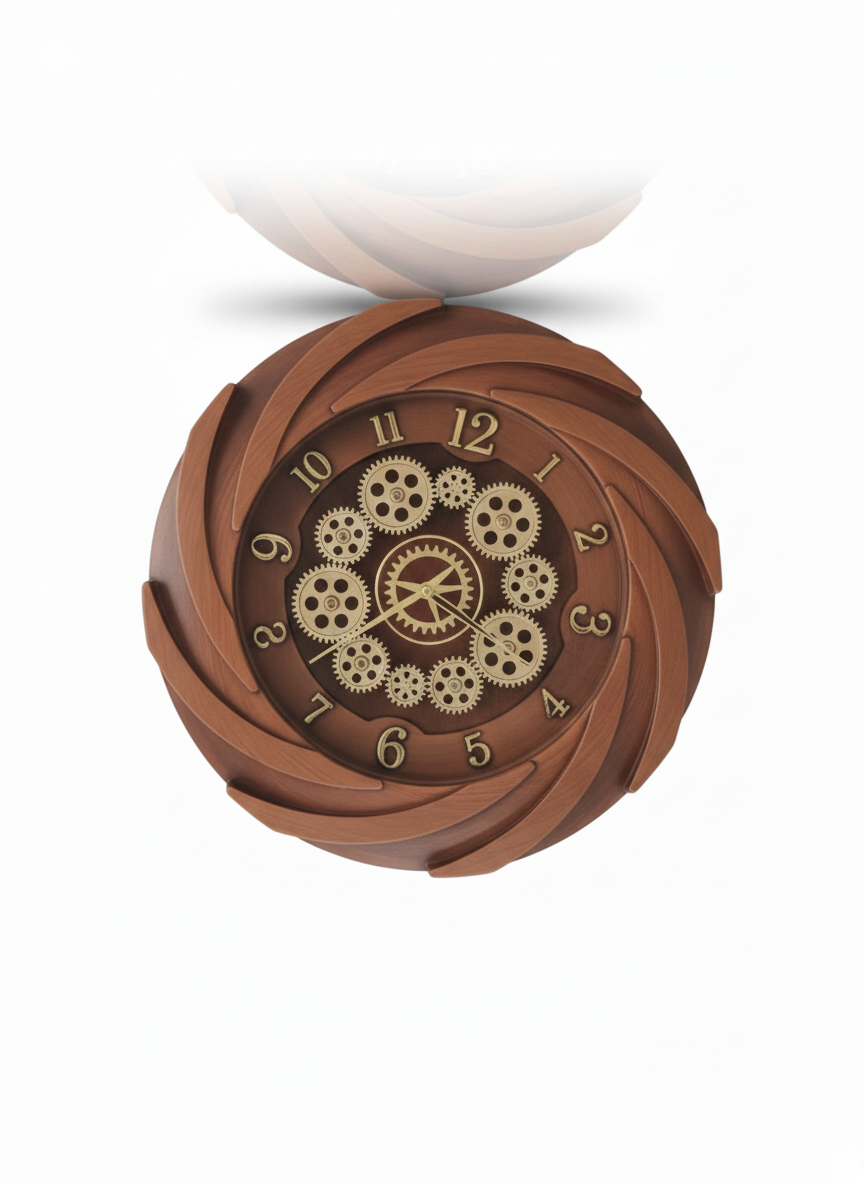 Designer Spiral Gear Wall Clock 12 Inch – Silent Quartz Movement, Wooden Finish Decorative Clock with Gold Numerals & Exposed Gear Dial for Living Room Décor