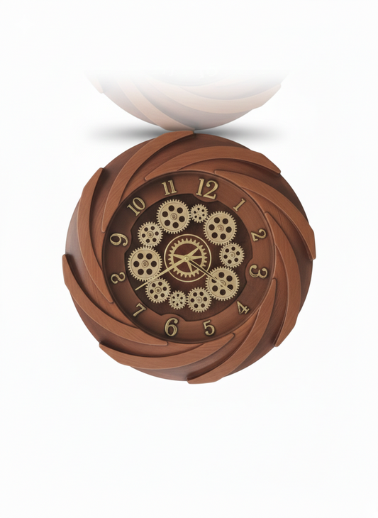 Designer Spiral Gear Wall Clock 12 Inch – Silent Quartz Movement, Wooden Finish Decorative Clock with Gold Numerals & Exposed Gear Dial for Living Room Décor