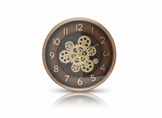 Luxury Moving Gear Wall Clock 12 Inch – Silent Quartz Mechanism, Vintage Steampunk Design with Gold Gears, Metal Frame & Wood Grain Dial for Living Room Décor