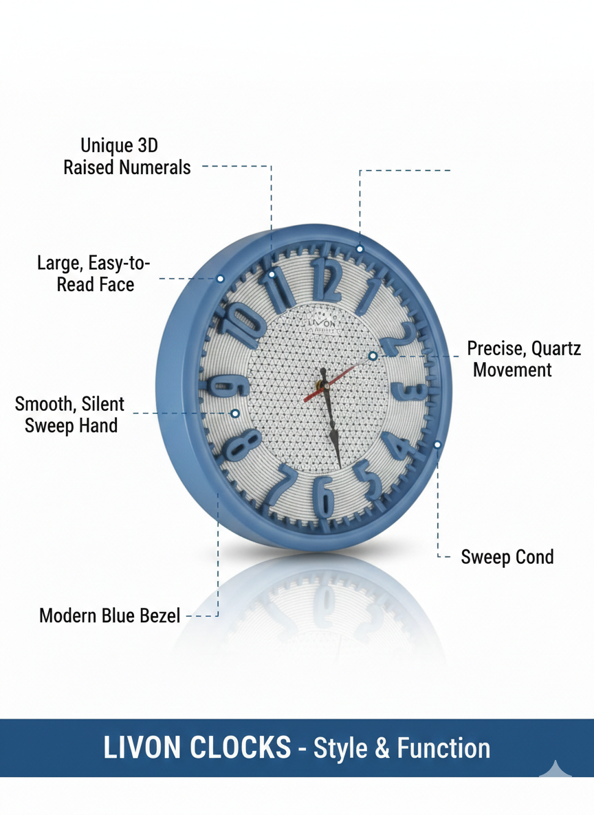 Modern Blue Wall Clock 12 Inch – Silent Sweep Quartz Movement, 3D Raised Numerals, Large Easy-to-Read Decorative Clock for Home, Bedroom, Office