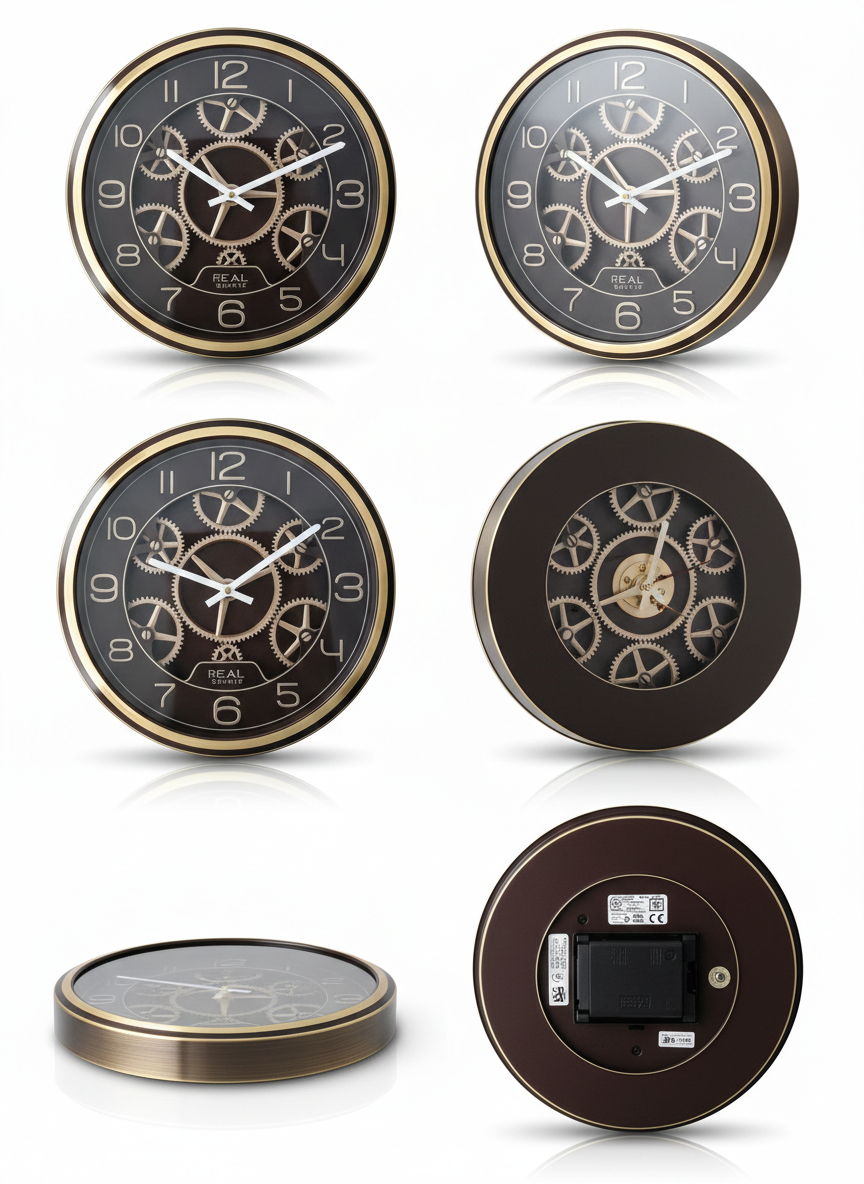 Luxury Gear Wall Clock with Moving Gears & Gold Numerals | Metal Frame, Silent Quartz Movement