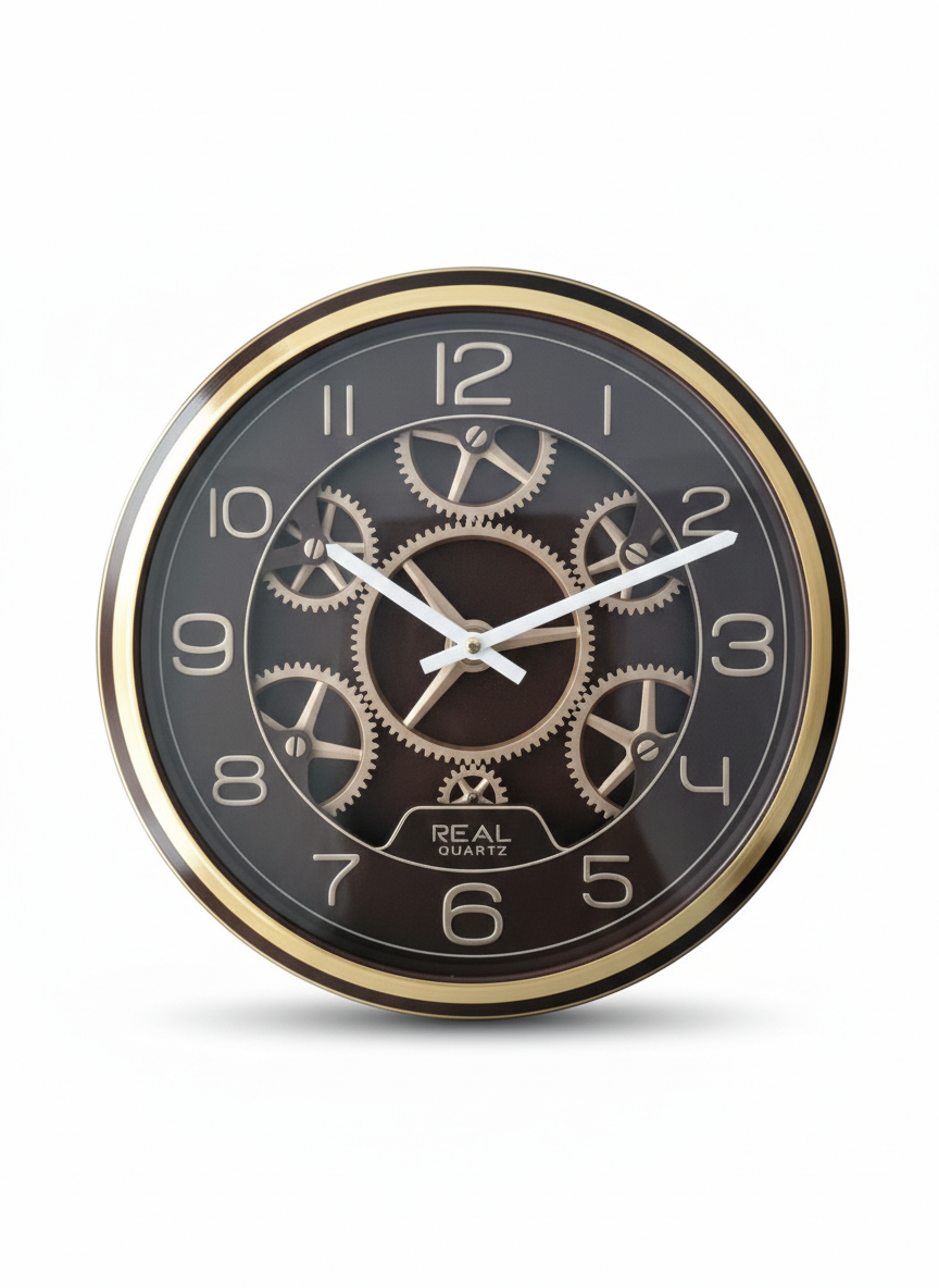 Luxury Gear Wall Clock with Moving Gears & Gold Numerals | Metal Frame, Silent Quartz Movement