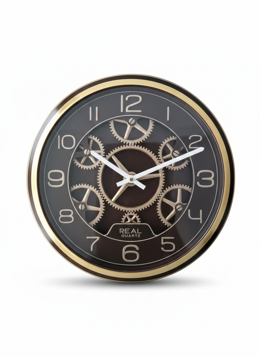 Luxury Gear Wall Clock with Moving Gears & Gold Numerals | Metal Frame, Silent Quartz Movement