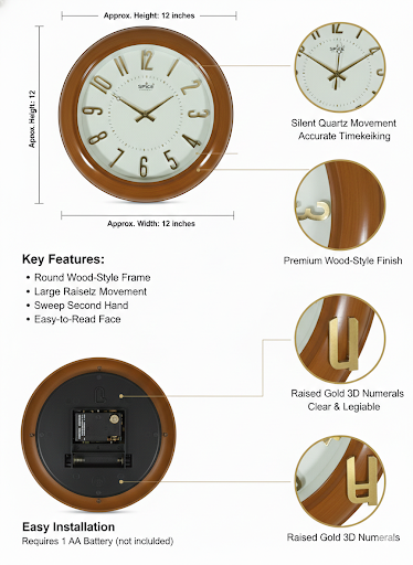 12 Inch Wooden Wall Clock with Gold 3D Numerals | Silent Quartz Sweep Movement