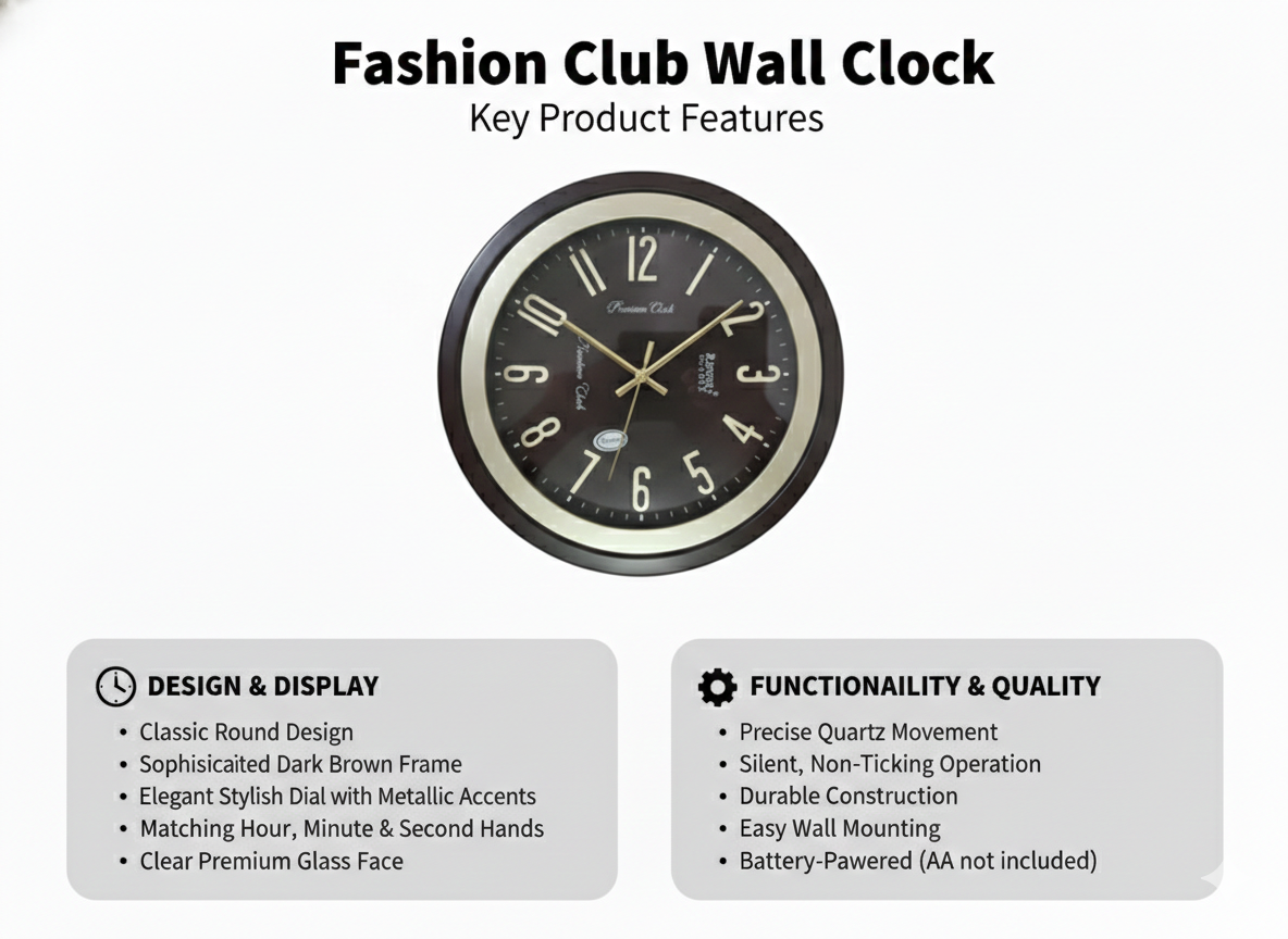 Fashion Club Wall Clock 12 Inch – Silent Non-Ticking Quartz Movement, Premium Glass