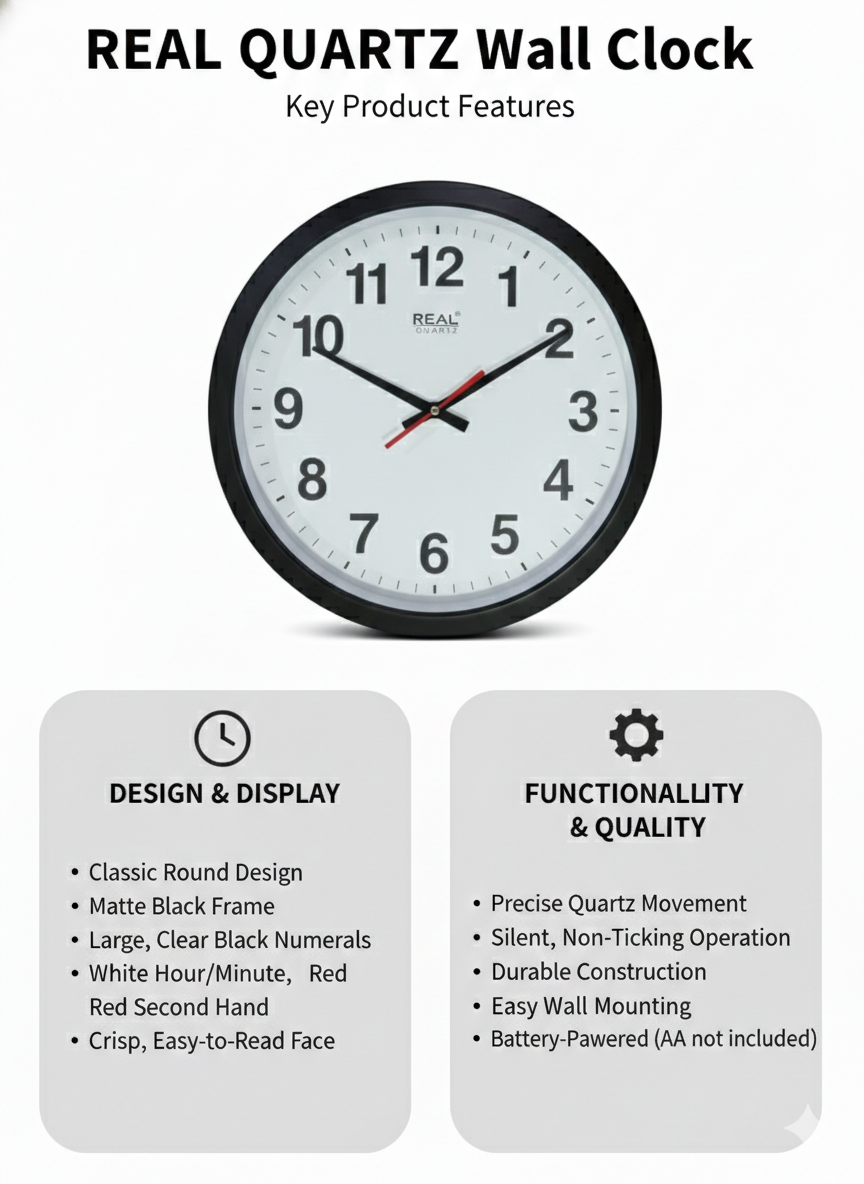 Classic Black Wall Clock 12 Inch – Silent Sweep Quartz Movement, Large Easy-to-Read Numbers, Durable Frame, Battery Operated for Home, Office & Classroom