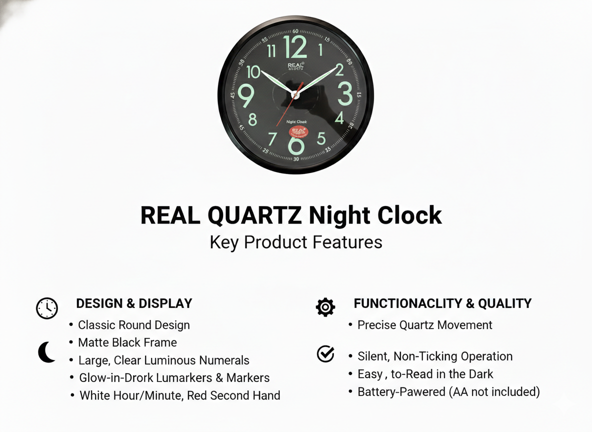 REAL Quartz Night Wall Clock 12 Inch – Silent Non-Ticking Glow in The Dark Luminous Clock, Battery Operated, Matte Black Frame for Home, Bedroom, Office