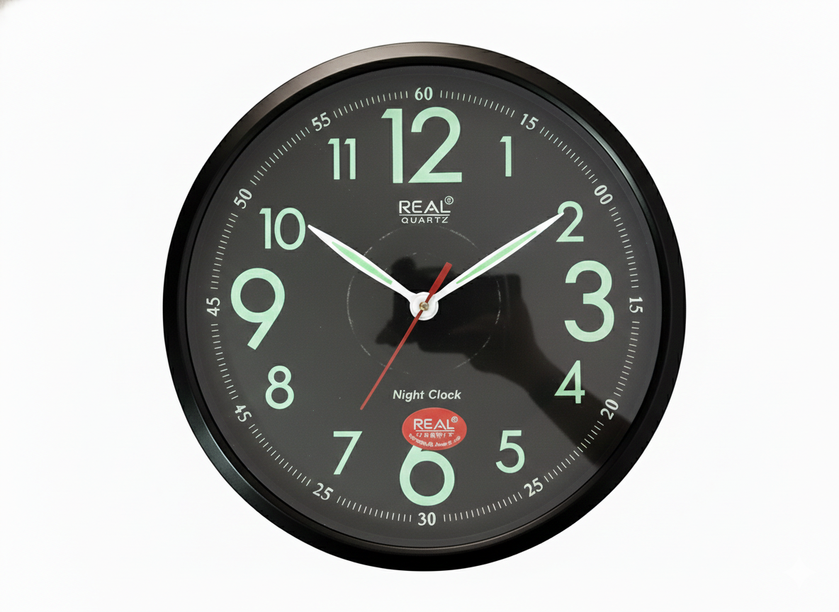 REAL Quartz Night Wall Clock 12 Inch – Silent Non-Ticking Glow in The Dark Luminous Clock, Battery Operated, Matte Black Frame for Home, Bedroom, Office