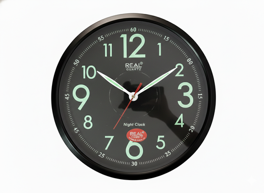 REAL Quartz Night Wall Clock 12 Inch – Silent Non-Ticking Glow in The Dark Luminous Clock, Battery Operated, Matte Black Frame for Home, Bedroom, Office