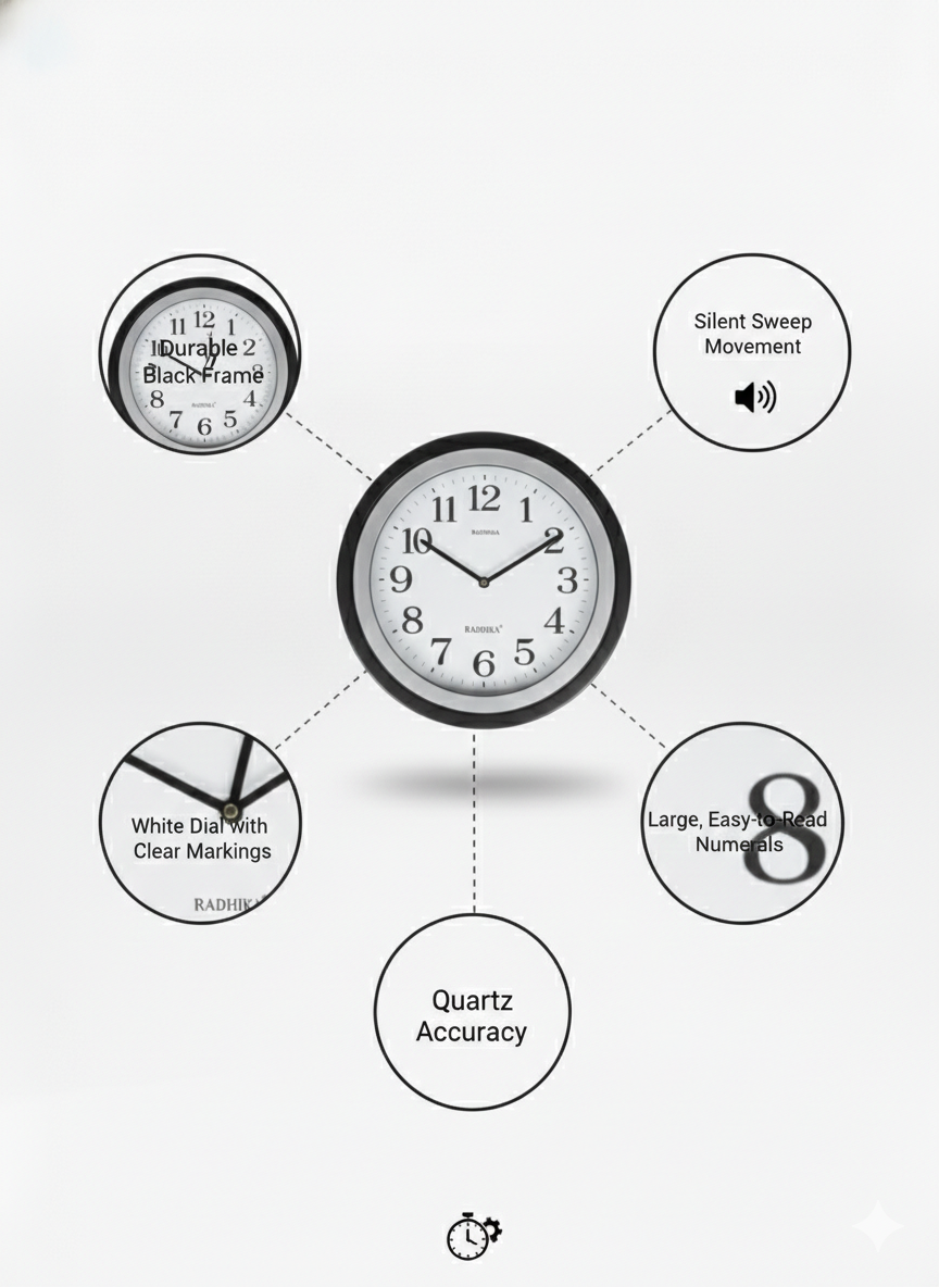 Classic Black Wall Clock 12 Inch – Silent Sweep Quartz Movement, Large Easy-to-Read Numbers, Durable Frame, Battery Operated for Home, Office & Classroom