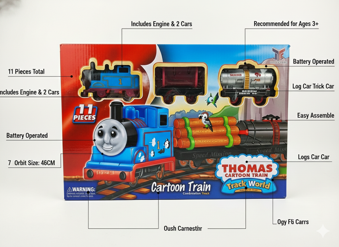 Cartoon Train Toy Set for Kids | Battery Operated Train with Track (11 Pieces)