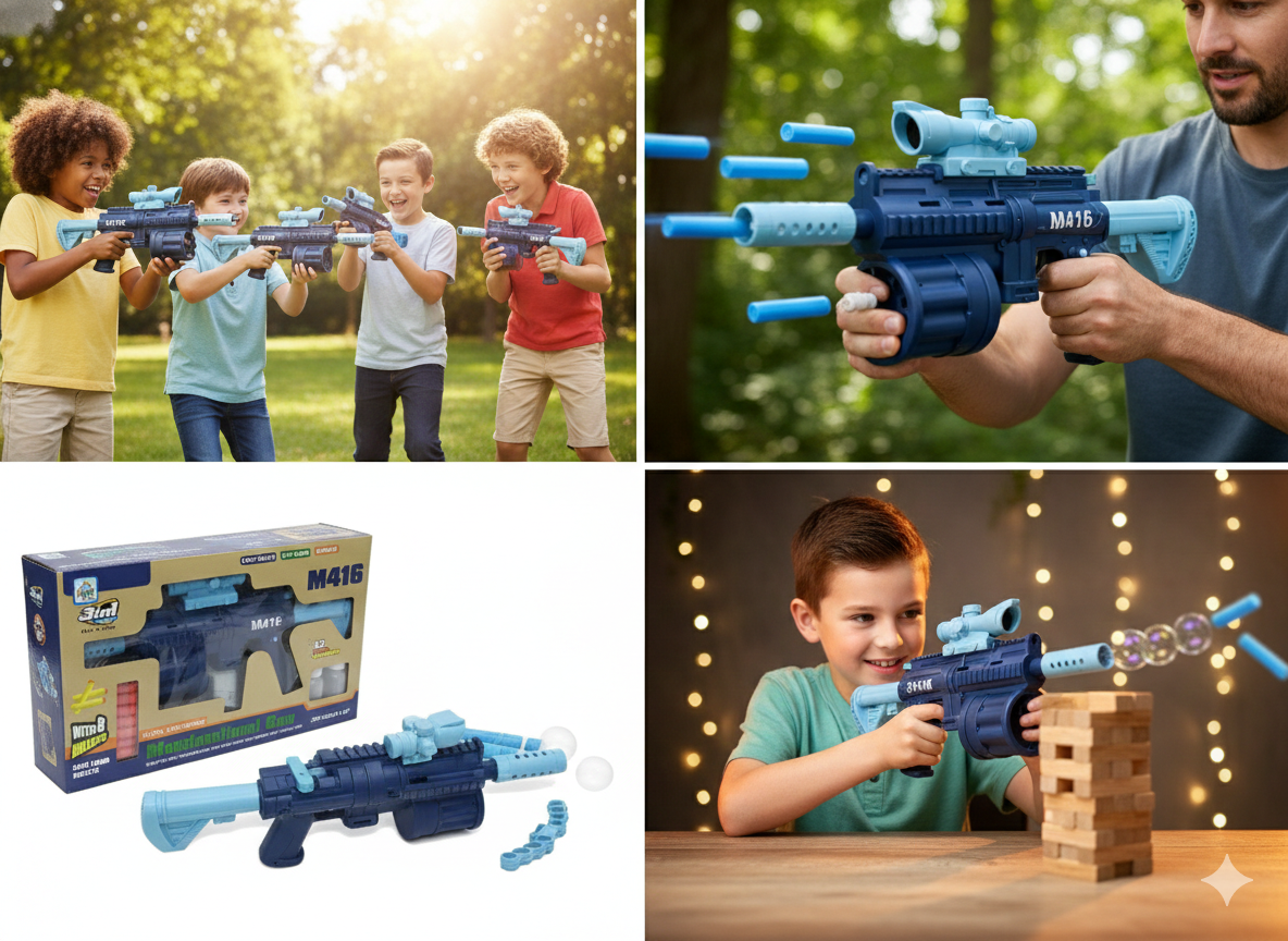 M416 Style Toy Gun with Drum Magazine, Soft Foam Darts & Bubble Solution