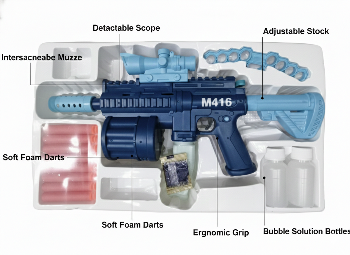 M416 Style Toy Gun with Drum Magazine, Soft Foam Darts & Bubble Solution