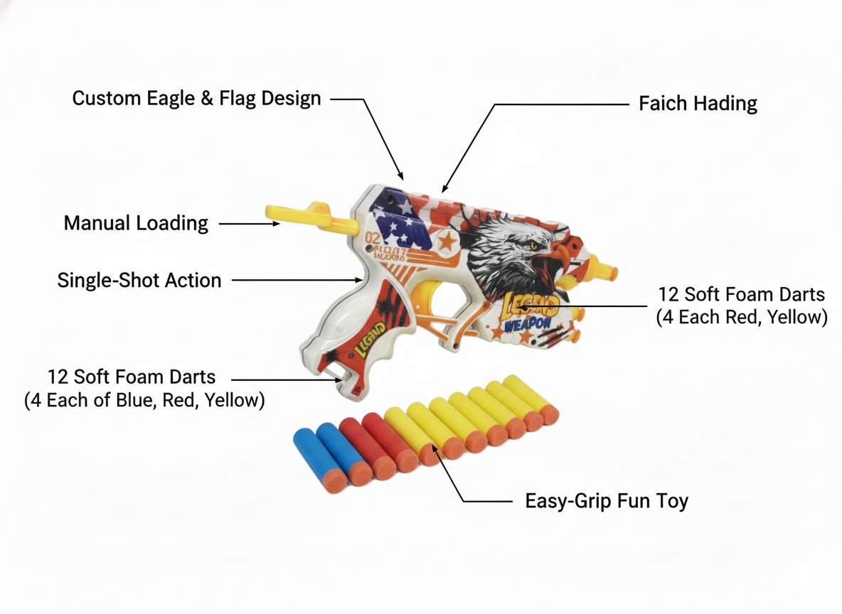 Foam Dart Toy Gun for Kids | Single Shot Soft Bullet Blaster with 12 Foam Darts
