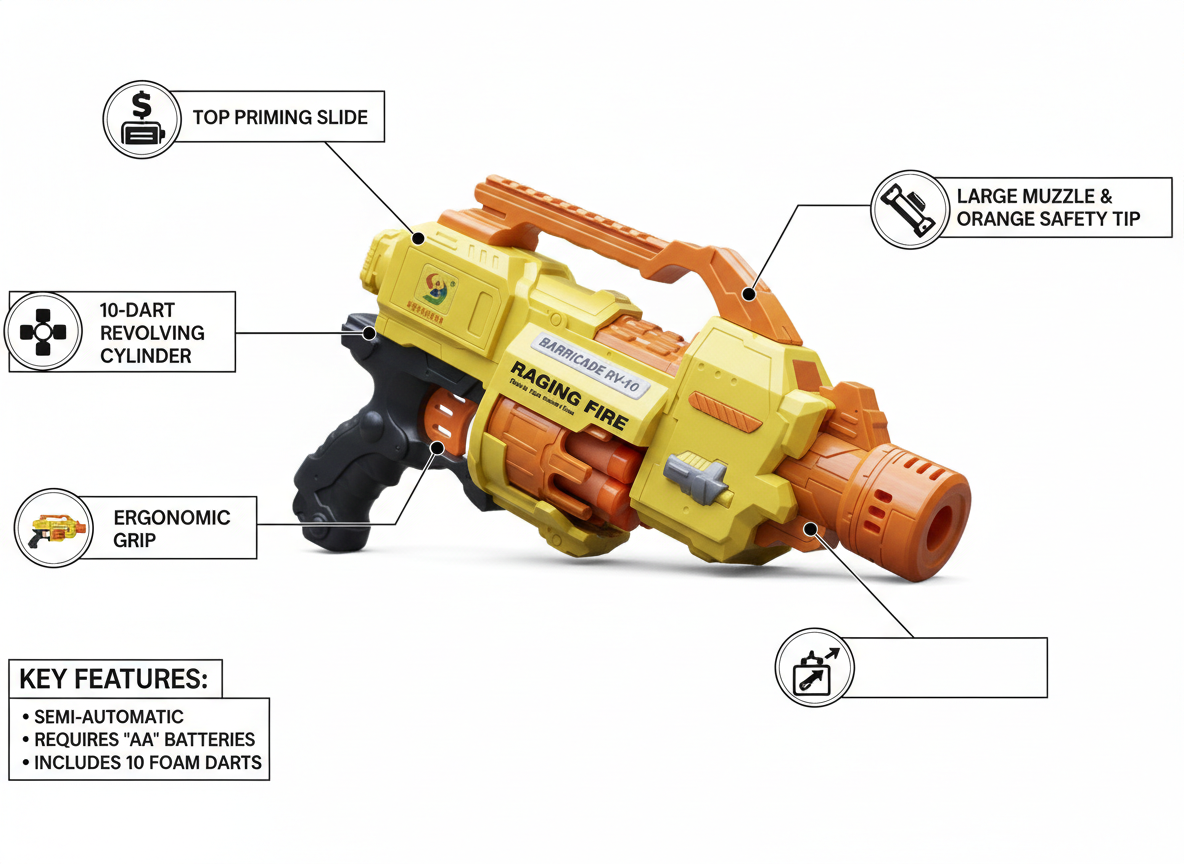 Kids Foam Dart Blaster Gun with 10-Dart Revolving Cylinder