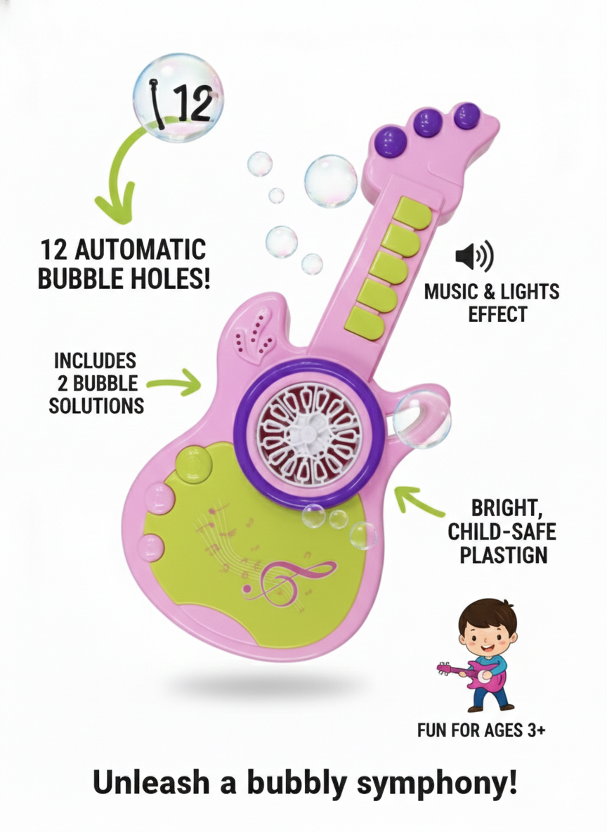 Kids Bubble Gun Toy Guitar | Automatic Bubble Maker with Music & Lights