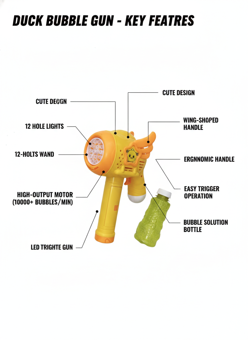 Duck Bubble Gun for Kids | Automatic Bubble Maker with LED Lights & 12-Hole Wand