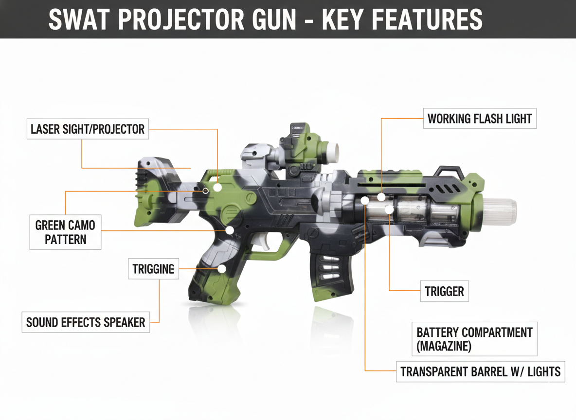 SWAT Toy Gun for Kids with Lights & Sound | Projector Gun with Flashlight & Laser Sight