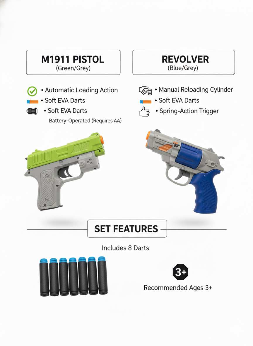 Toy Gun Combo Set for Kids | Automatic Pistol + Revolver with Soft EVA Darts