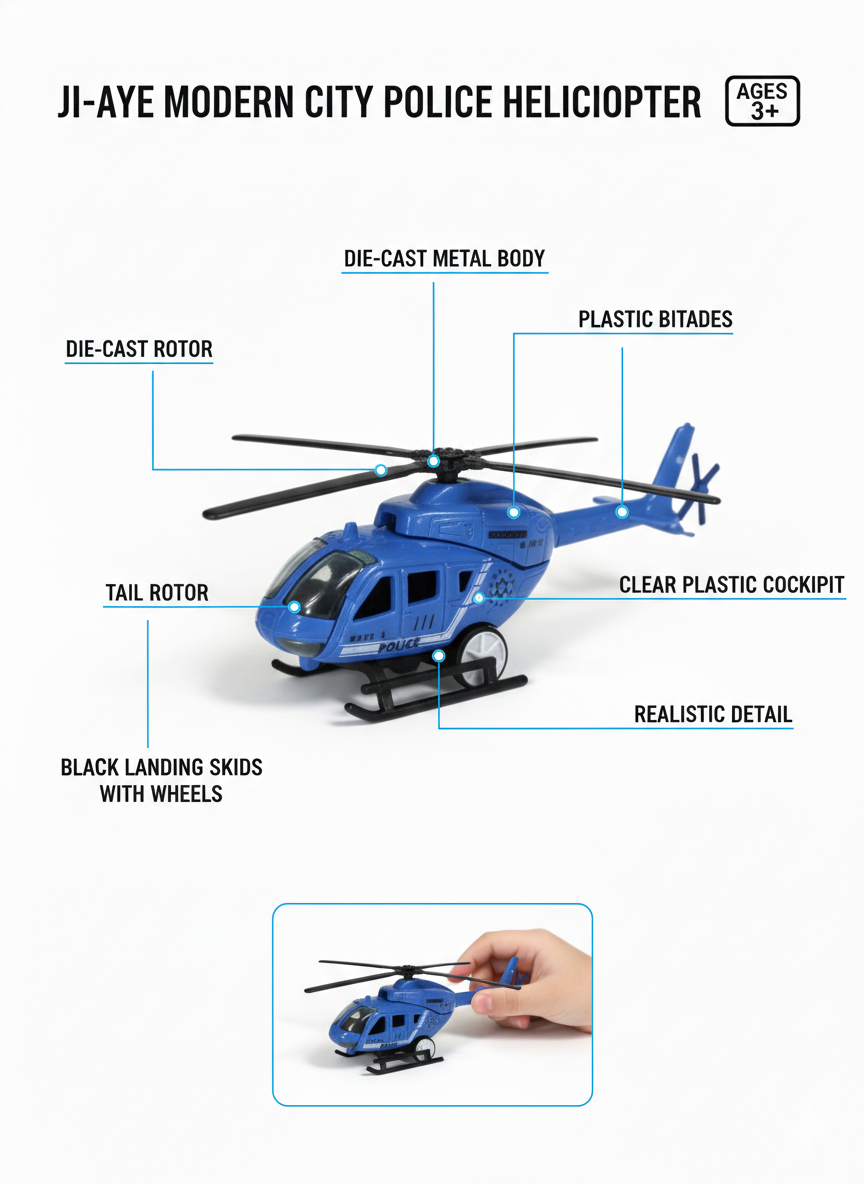 Ji-Aye Die-Cast Police Helicopter Toy for Kids | Metal Body Helicopter Mode