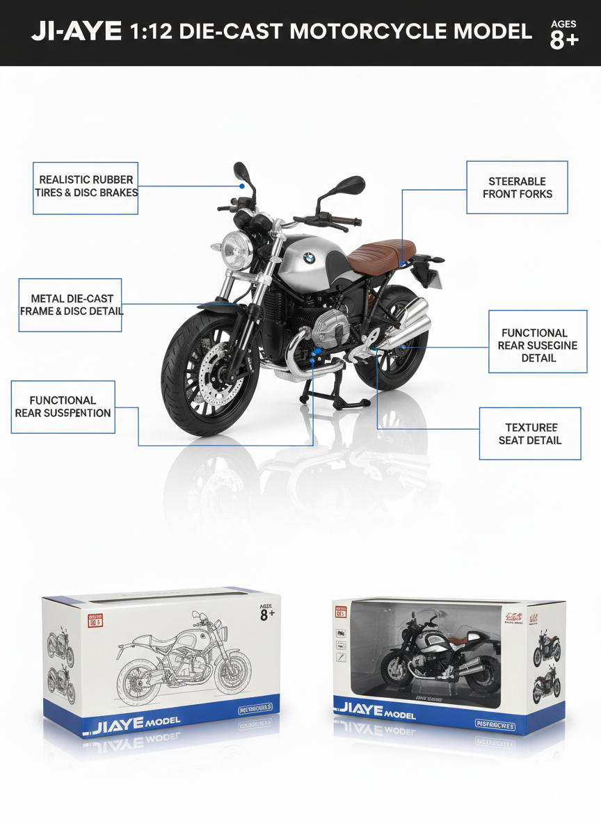 Ji-Aye 1:12 Die-Cast Motorcycle Model Bike | Metal Toy Bike with Realistic Details, Rubber Tires & Steering
