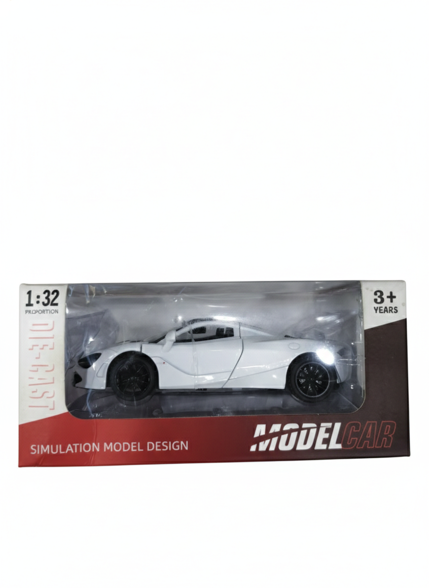 White Die-Cast Car Toy Model 1:32 Scale | Pull Back Sports Car with Openable Doors