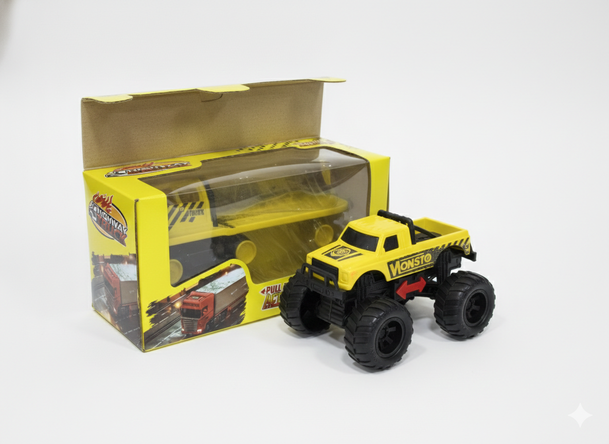 Yellow Pull Back Monster Truck Toy for Kids | Big Wheel Friction Powered Off-Road Truck