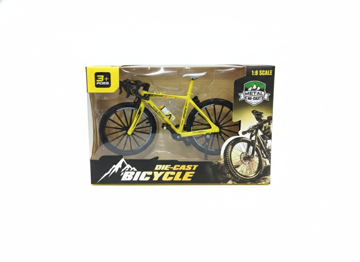 Yellow Die-Cast Road Bicycle Model 1:8 Scale | Mini Alloy Cycle Toy with Moving Pedals & Stand