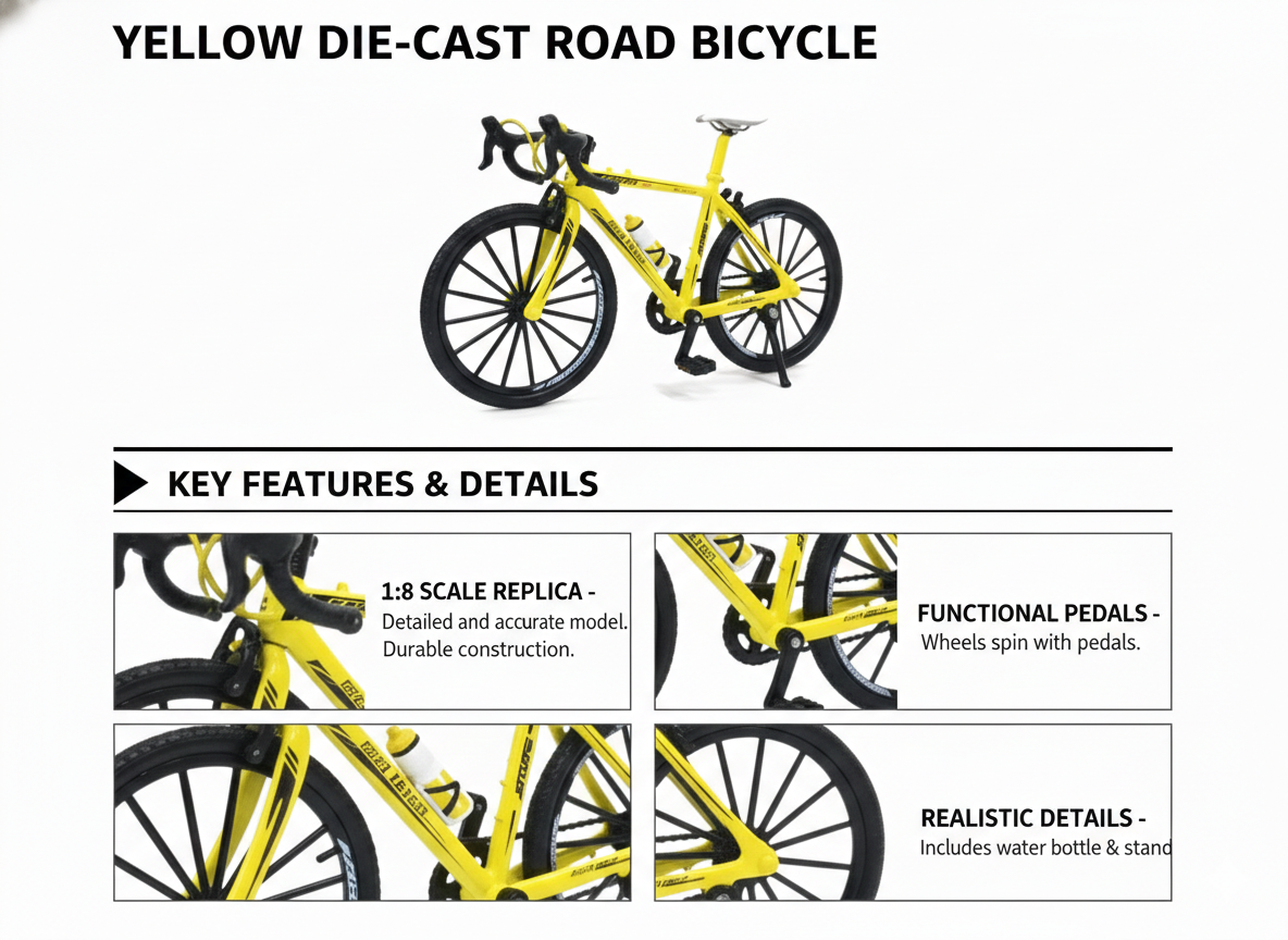 Yellow Die-Cast Road Bicycle Model 1:8 Scale | Mini Alloy Cycle Toy with Moving Pedals & Stand
