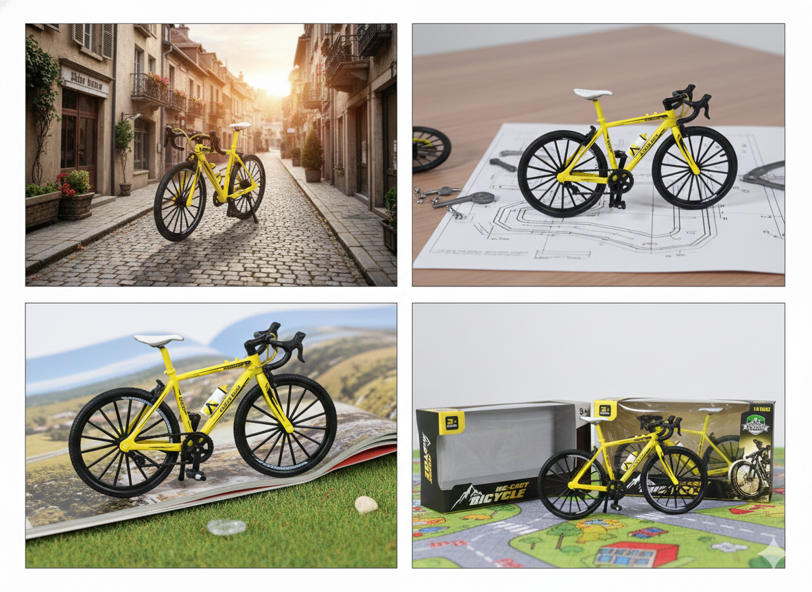 Yellow Die-Cast Road Bicycle Model 1:8 Scale | Mini Alloy Cycle Toy with Moving Pedals & Stand