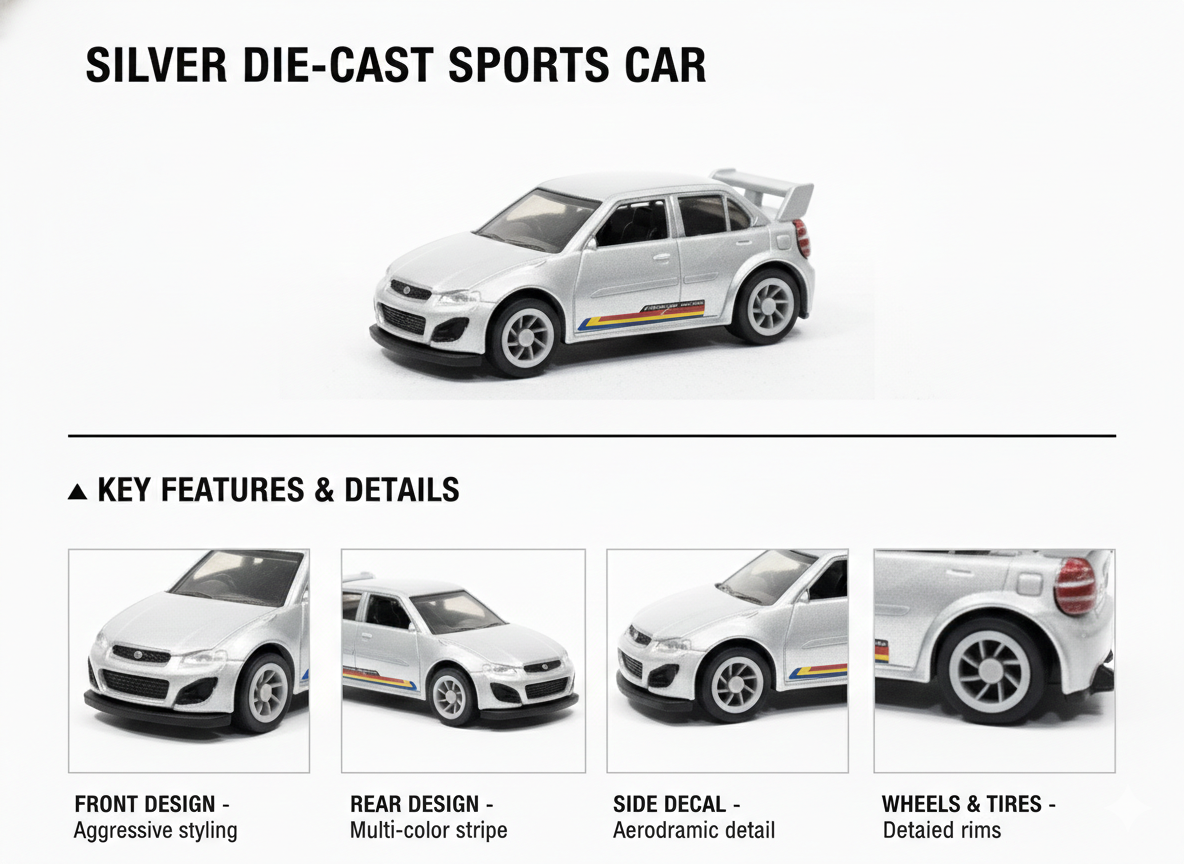Silver Die-Cast Sports Car Toy 1:32 Scale | Pull Back Metal Car Model with Detailed Design & Smooth Wheels