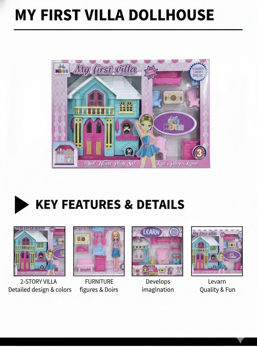My First Villa Dollhouse Play Set for Kids | 2-Storey Doll House with Furniture & Doll Figure
