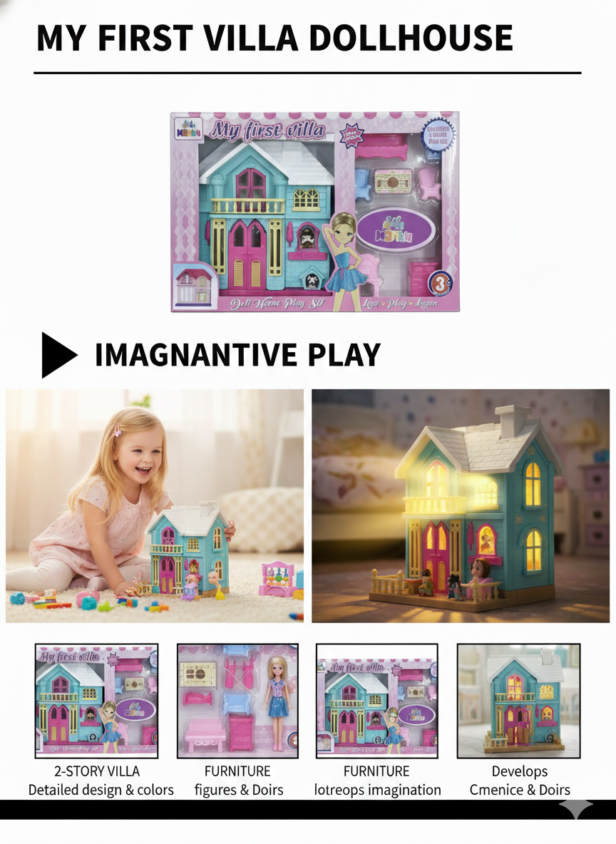 My First Villa Dollhouse Play Set for Kids | 2-Storey Doll House with Furniture & Doll Figure