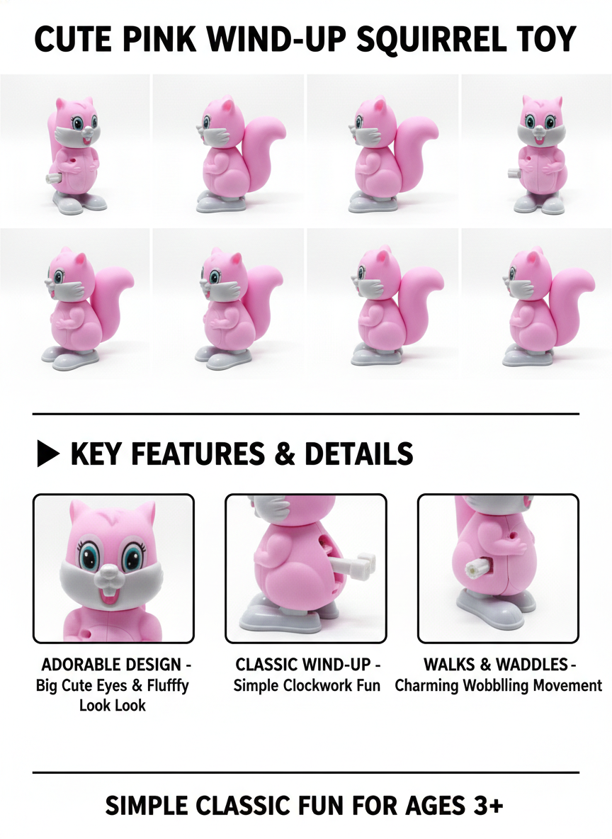 Wind-Up Squirrel Toy for Kids | Cute Pink Clockwork Animal Toy