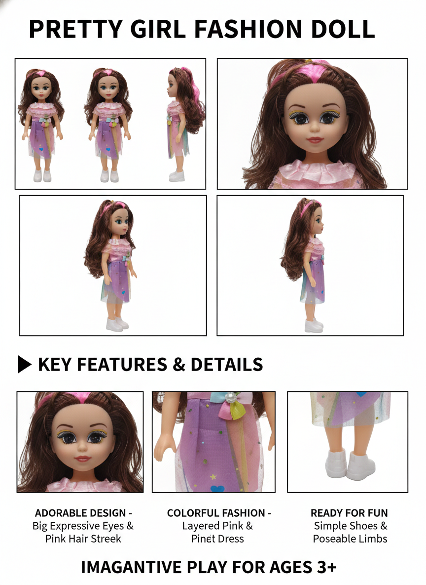 Pretty Girl Fashion Doll for Girls with Long Hair & Stylish Pink Dress