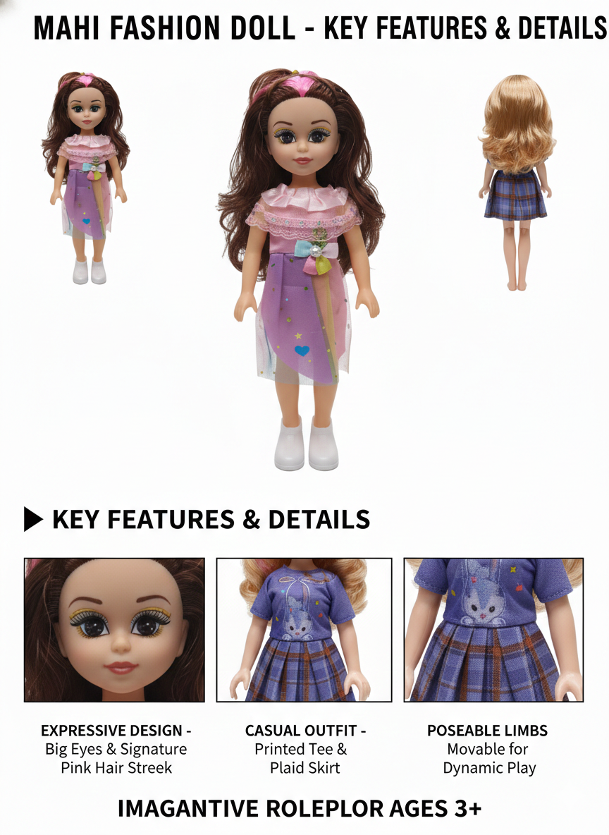 Mahi Fashion Doll for Girls with Long Hair & Stylish Outfit,