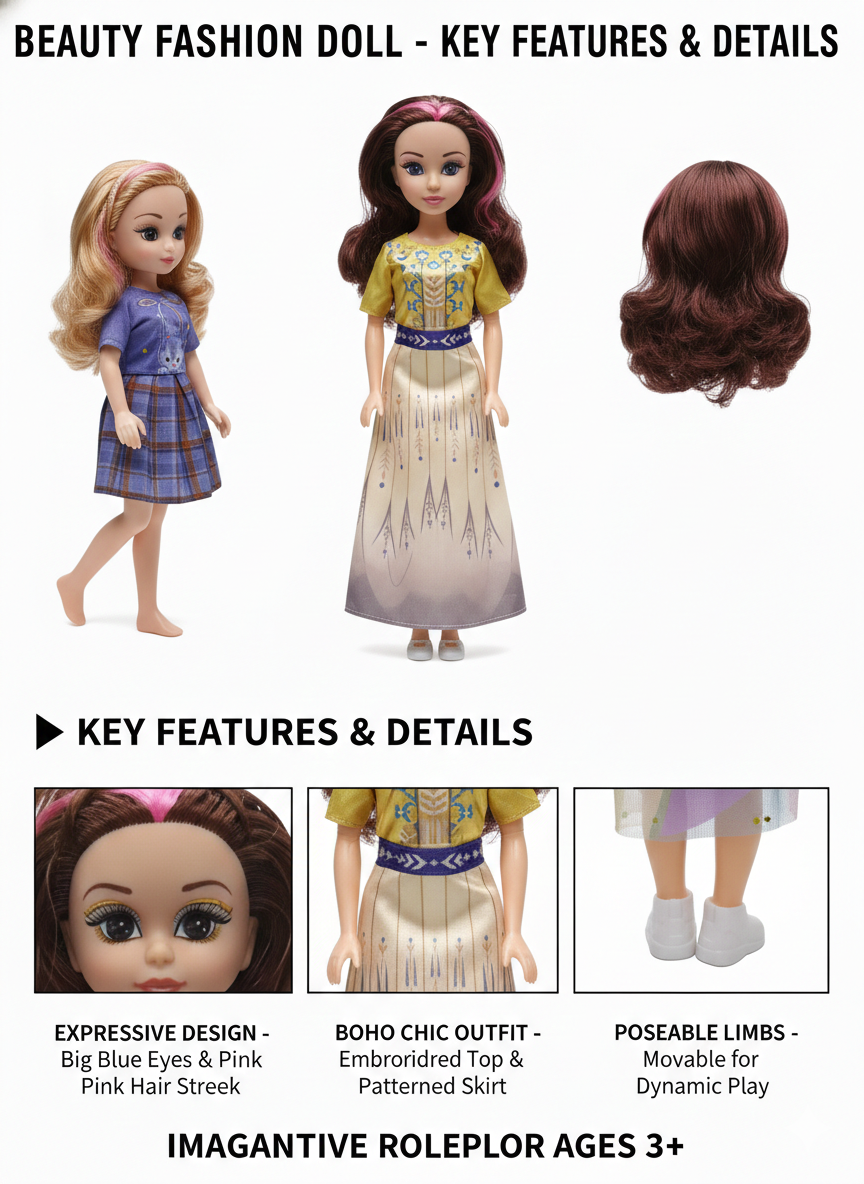 Beauty Fashion Doll Set for Girls with 2 Dolls, Long Hair Styling Doll