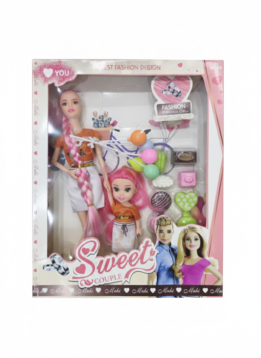 Sweet Couple Doll Set for Girls with 2 Dolls, Accessories & Pretend Play Items, Sister Doll Set with Long Hair & Cute Mini Doll, Kids Gift Toy for Girls Age 3+ (Multicolor)