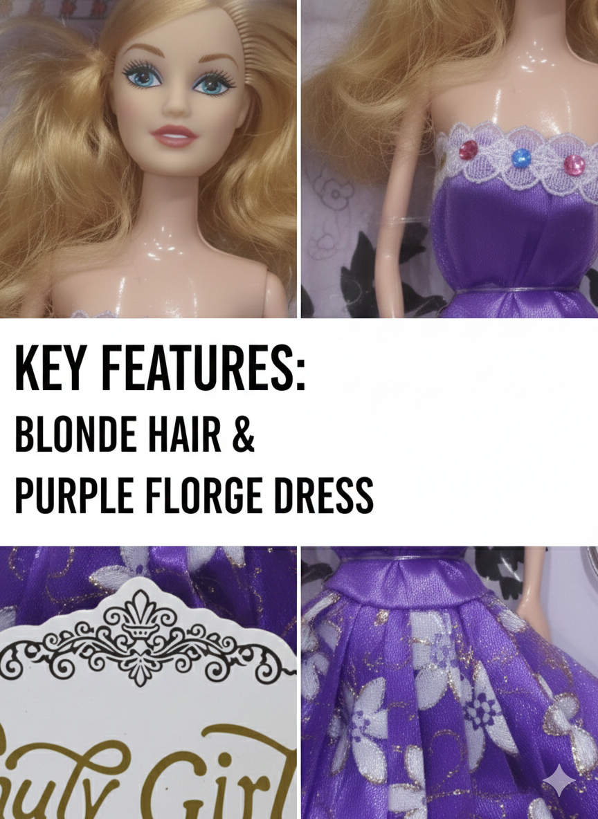 Princess Fashion Doll for Girls with Blonde Hair & Purple Floral Dress, Long Hair Styling Doll Toy, Kids Gift Set for Girls Age 3+ (Multicolor)