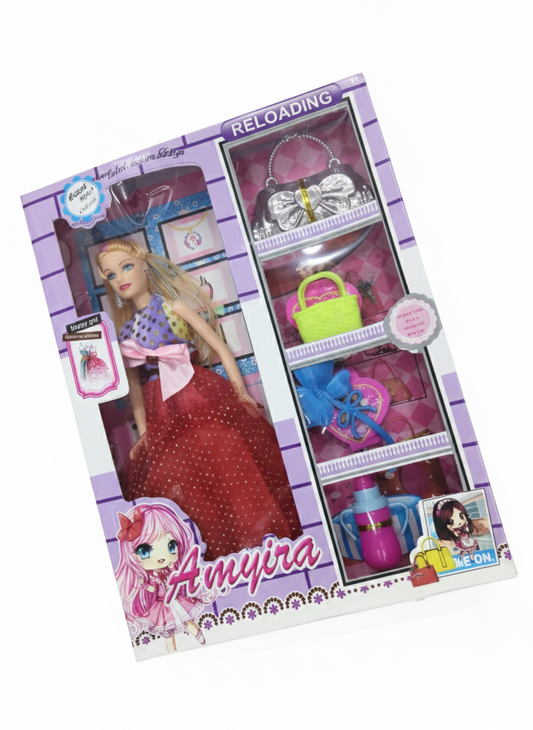 Amya Fashion Doll for Girls with Long Blonde Hair, 4 Handbags & Mirror Accessories Set, Dress-Up Doll Toy Gift Set, Kids Pretend Play Toy for Girls Age 3+ (Multicolor)